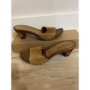 Italian Shoemakers Wooden Platform Slides Tan Suede Studded Carved out Heel Sz 7